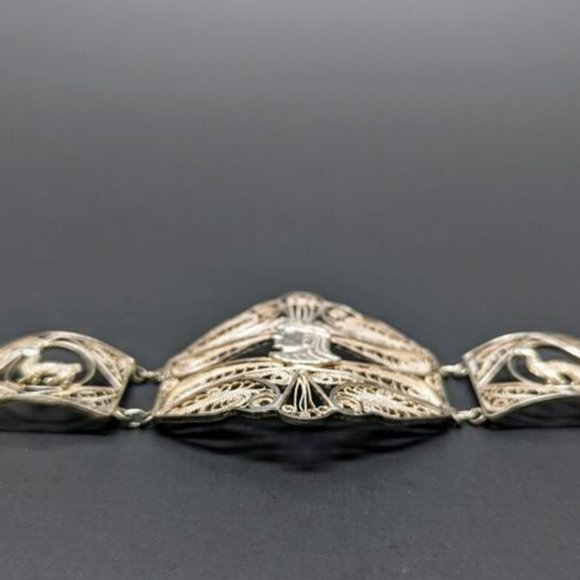 Vintage Silver Filigree Egyptian Llama Story Teller Panel Link 900 Bracelet Cuff - Picture 8 of 9